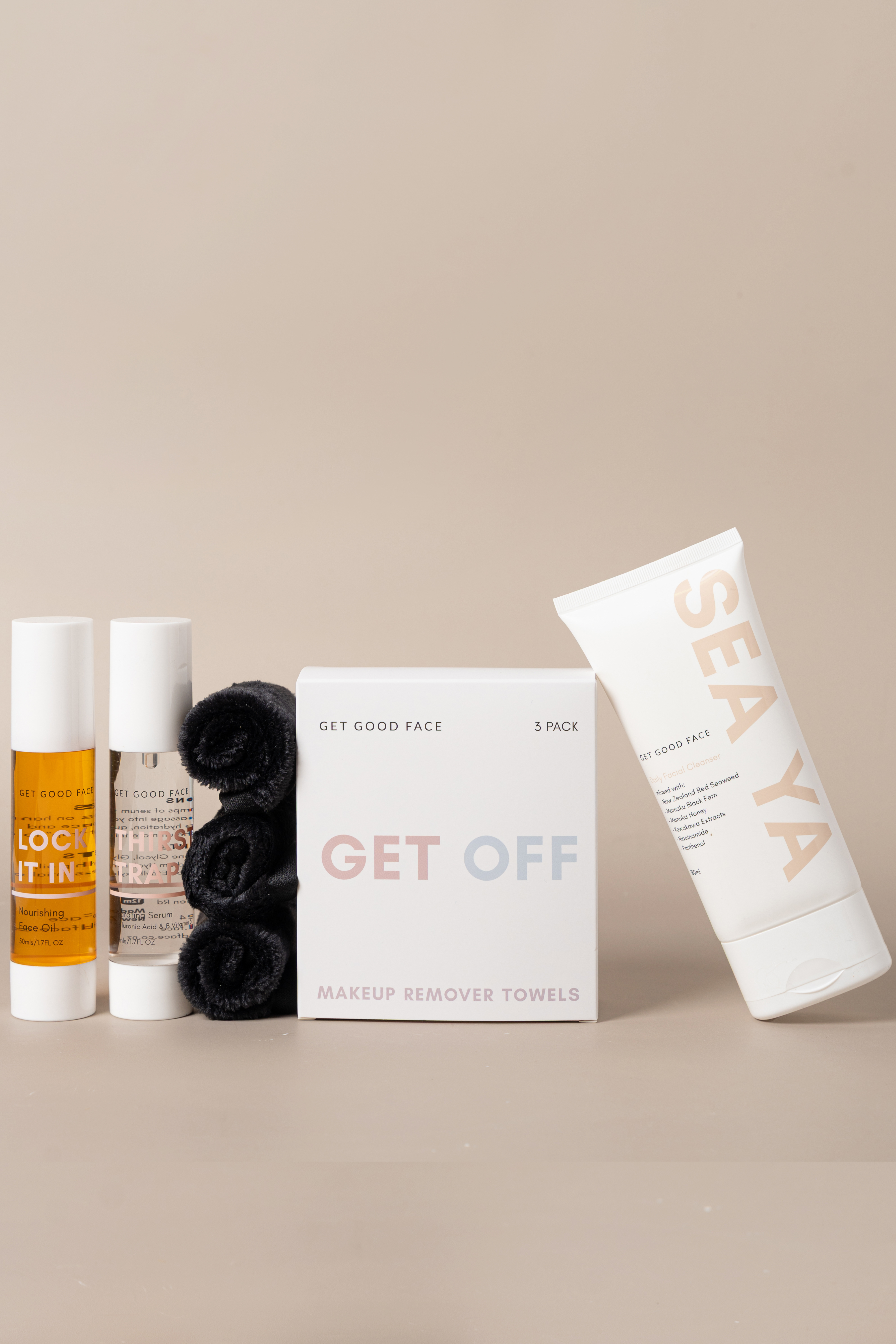 Back to basics bundle in front of beige background