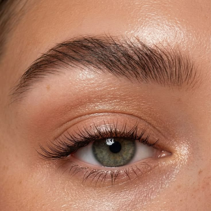 Extreme close-up of a human eye with long dark eyelashes, a defined eyebrow, and warm beige eyeshadow on the eyelid.